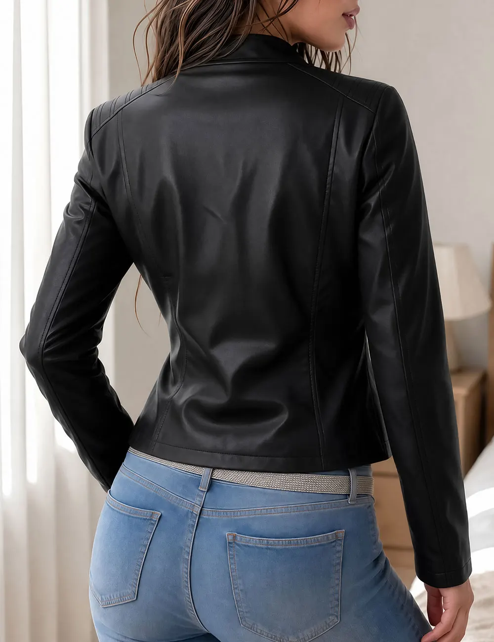 New Chic Women's Black Faux Leather Biker Moto Jacket Slim Fit Zip Up Mock Neck Classy Outerwear Casual Streetwear Autumn Winter