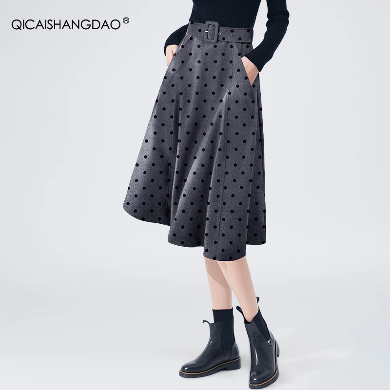 

Mid-length Grey Polka Dots Skirt Women' Autumn new High Waist A-line Skirt With Belt Loose Causal High Street Midi Skirts