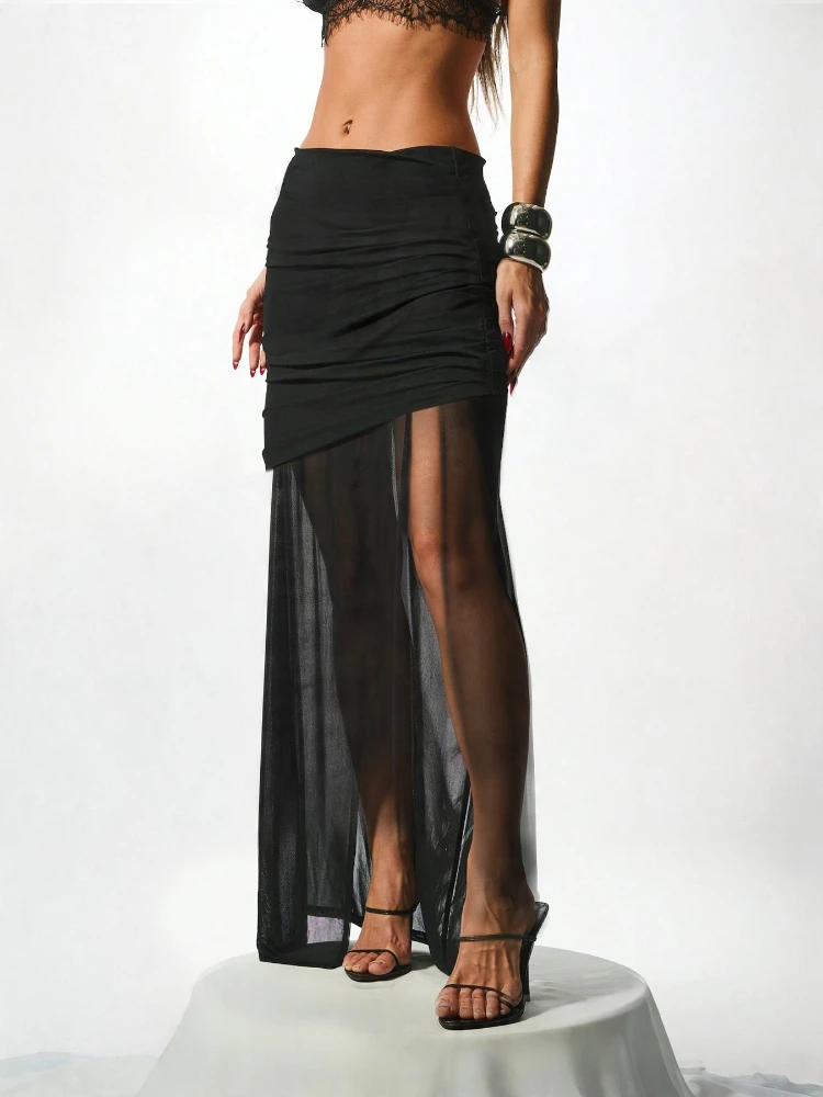 New Spicy Girl Style Double layer Mesh Half body Split Long Dress with High Waist Wrinkle Perspective Sexy Hip Wrapping Skirt