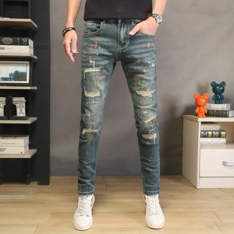 

Men's Retro Distressed Denim Jeans Slim Skinny Paint Print Streetwear Design Stretch Stylish Trousers