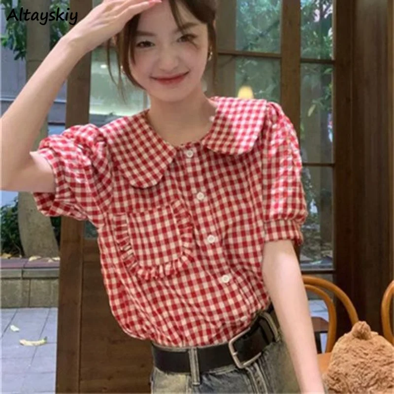 Lovely Shirts Women Vintage Girlish Short-sleeve Summer Plaid Chic Peter Pan Collar Leisure Students Ruched Aesthetic Designed