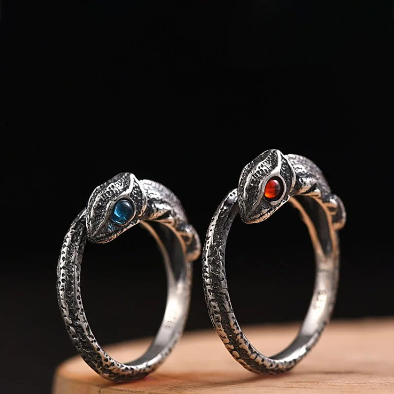 Thai Silver Lizard Ring for Men Women Trendy Retro Chameleon Animal Shaped Rings Crystal Blue Red Eyes Jewelry KOFSAC