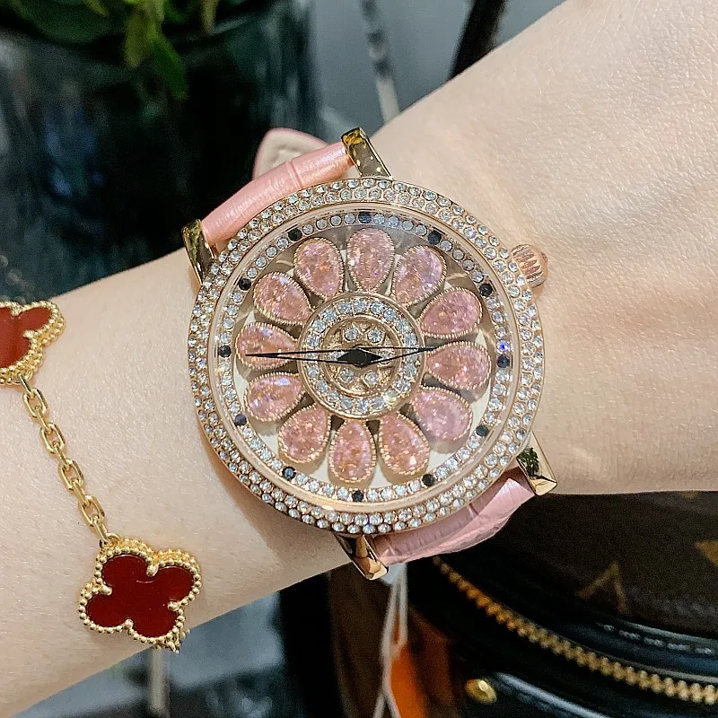 Relojes de esfera giratoria para mujer, reloj de cuarzo con diamantes de imitación, correa de cuero, reloj informal de lujo para mujer + caja, nuevo