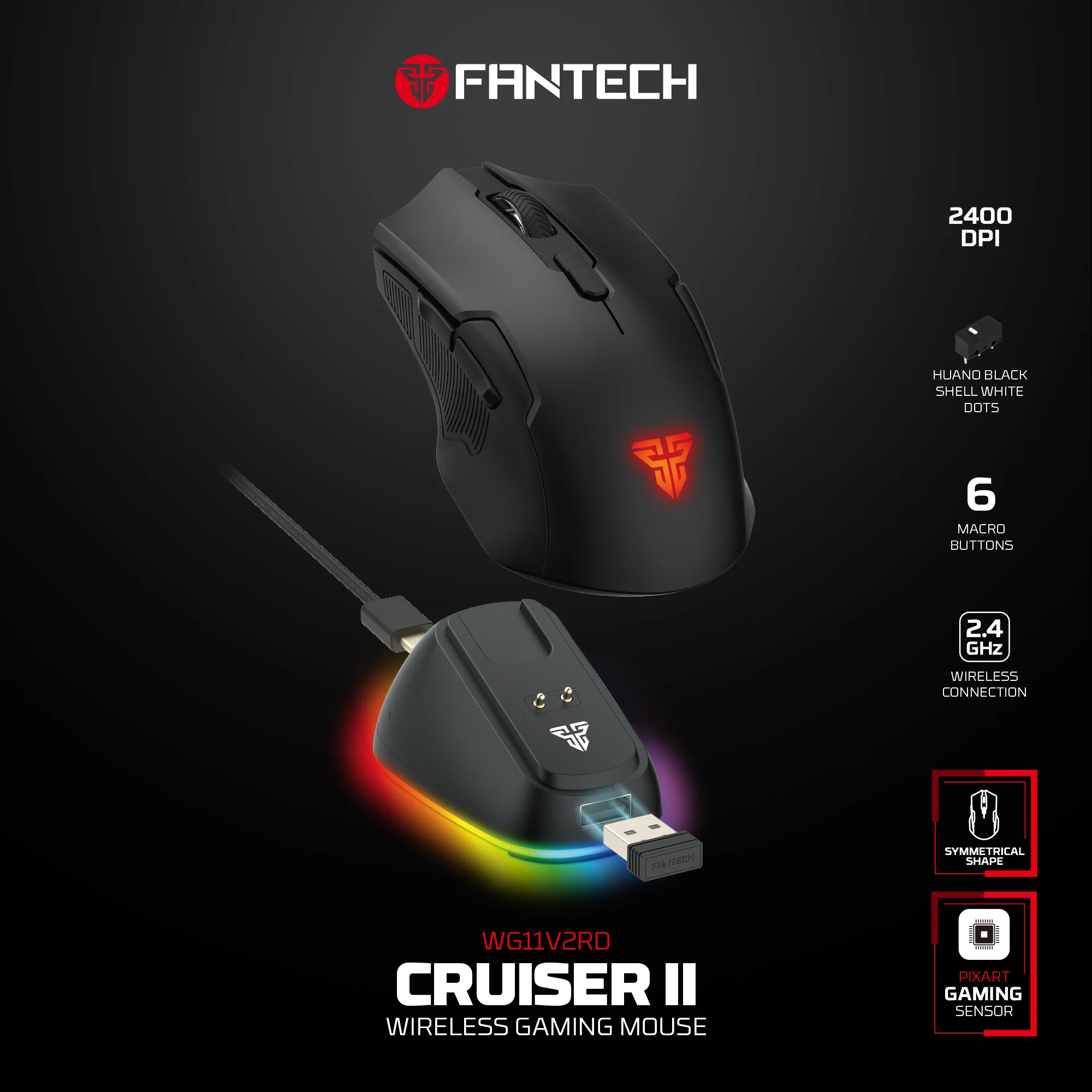 

Беспроводная мышь FANTECH CRUISER II WG11V2RD 2.4 ГГц, 70 часов работы, 6 программируемых кнопок, Huano, 3 млн нажатий, Pixart 3212