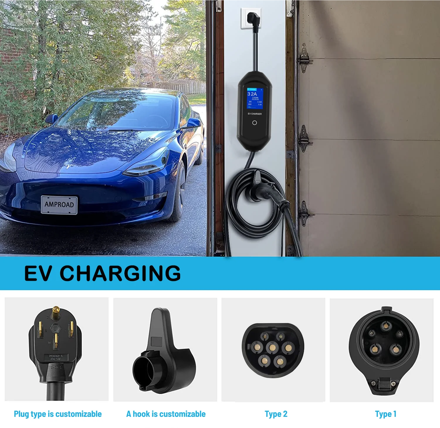 KINLANAO Portable EV Charger 36A 7KW 5M EVSE Charging Cable Plug Type2 IEC62196 Controller Wallbox