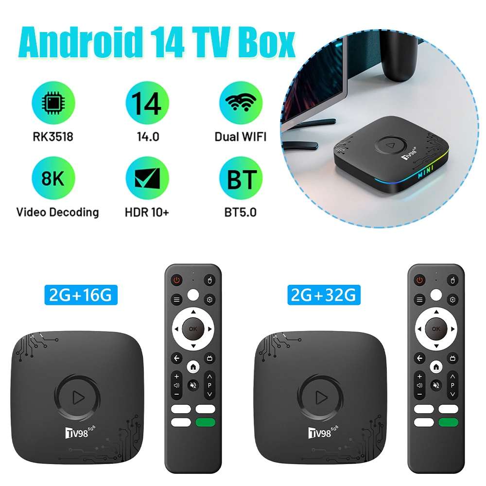 Android 14 Smart TV Box with Remote BT5.0 Media Player RK3518 Chip 4K HD TV Video Player for HD Movies Internet Smart TV Box
