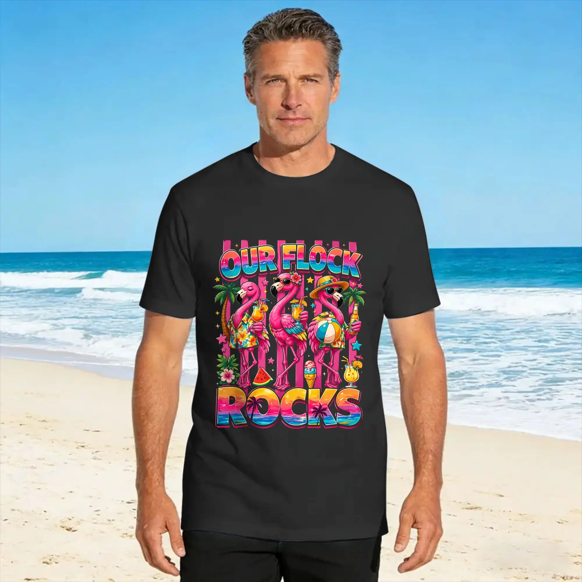 Camiseta informal de verano Our Flock Rocks Flamingo, camisetas populares a juego para vacaciones de verano, camiseta de algodón para hombres