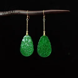 925 Silver Natural Green Jade Hollow out DIY Earrings Charm Jewellery Fashion Accessories Hand-Carved Woman Luck Amulet Gifts