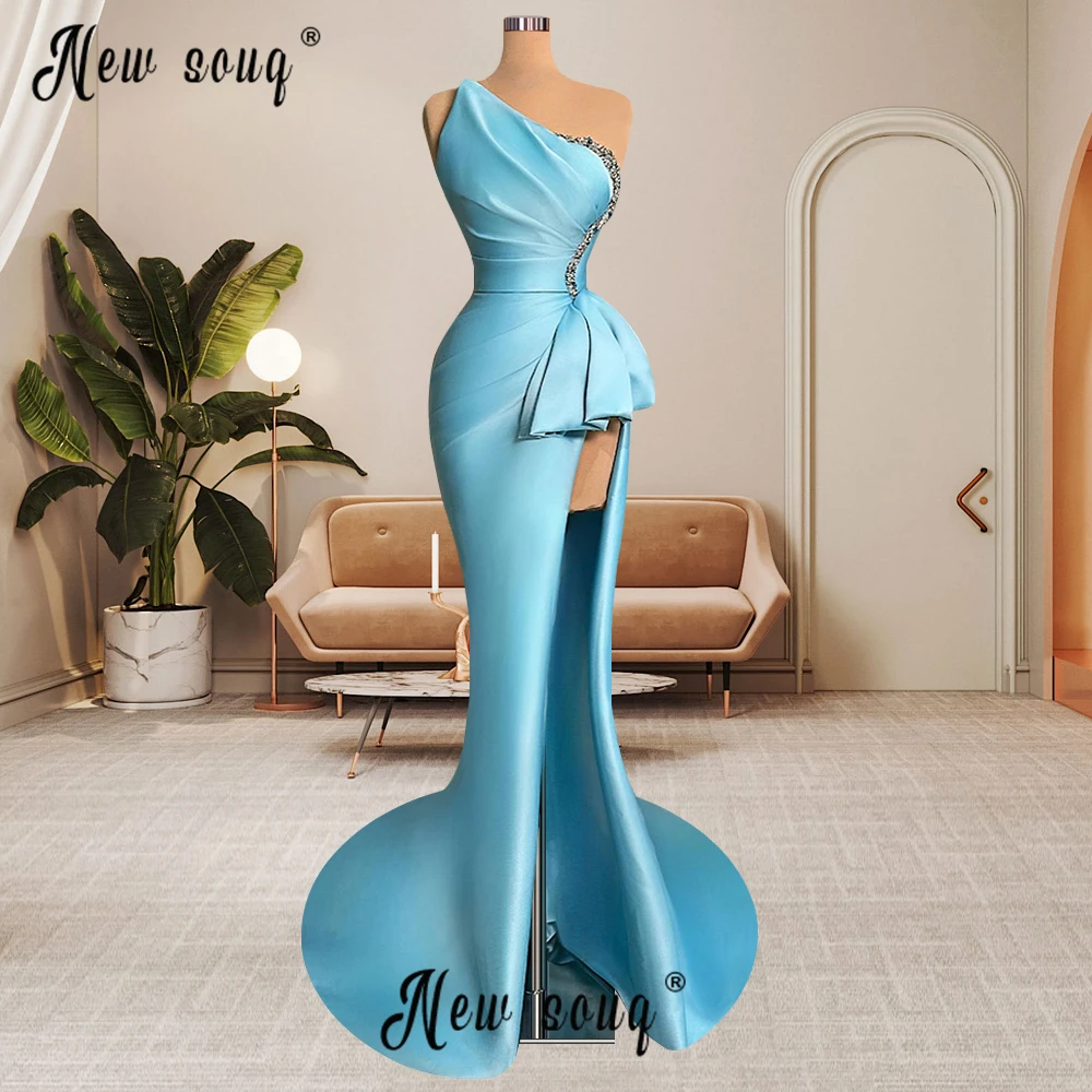 

Sky Blue Soft Satin High Slit Party Dress Arabic One Shoulder Pleated Sweep Train Evening Dress Dubai Formal Occasion Dresses