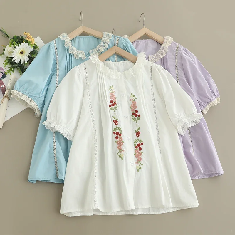 

Summer Sweet Mori Girl Lace Floral Embroidered Cotton Blouse Women Kawaii Cute Short Sleeve Casual Loose Tops