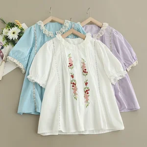 Summer Sweet Mori Girl Lace Floral Embroidered Cotton Blouse Women Kawaii Cute Short Sleeve Casual Loose Tops