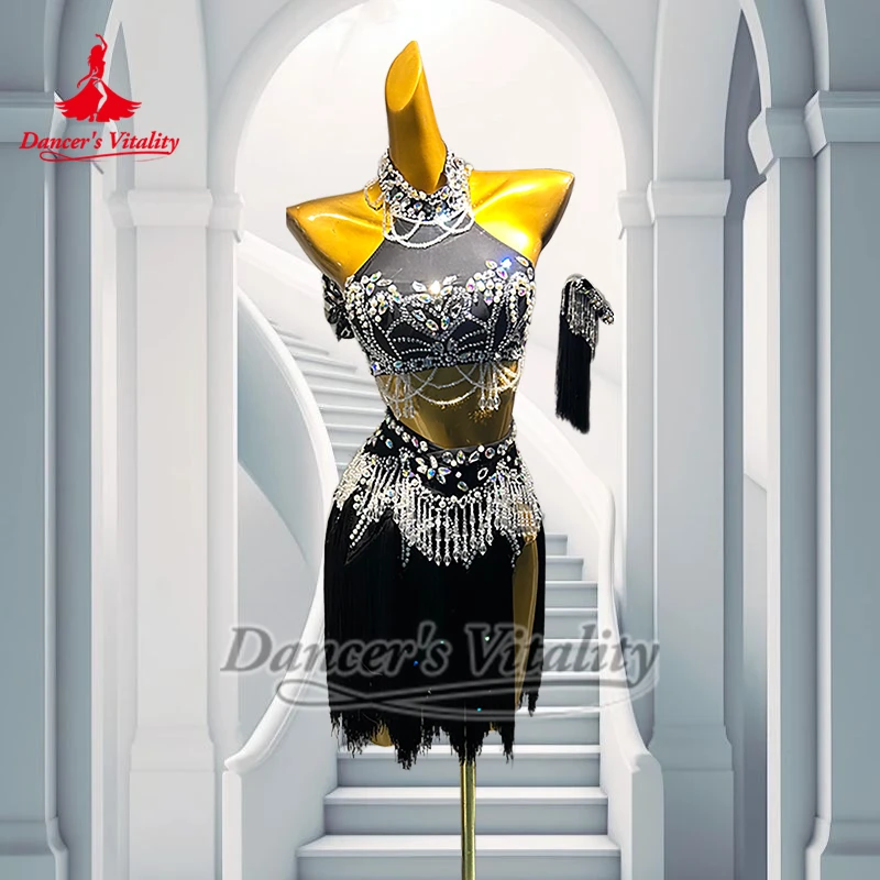 성인용 AB 스톤 민소매 하이넥 탑+프린지 스커트 세트 맞춤형 댄서의 활력 여성 차차 살사 공연 의상