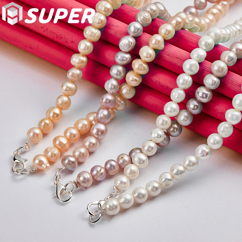 

7-8mm Natural Freshwater Pearl Chain Necklace 925 Silver Lobster Clasp For Woman Man Engagement Wedding Fashion Jewelry