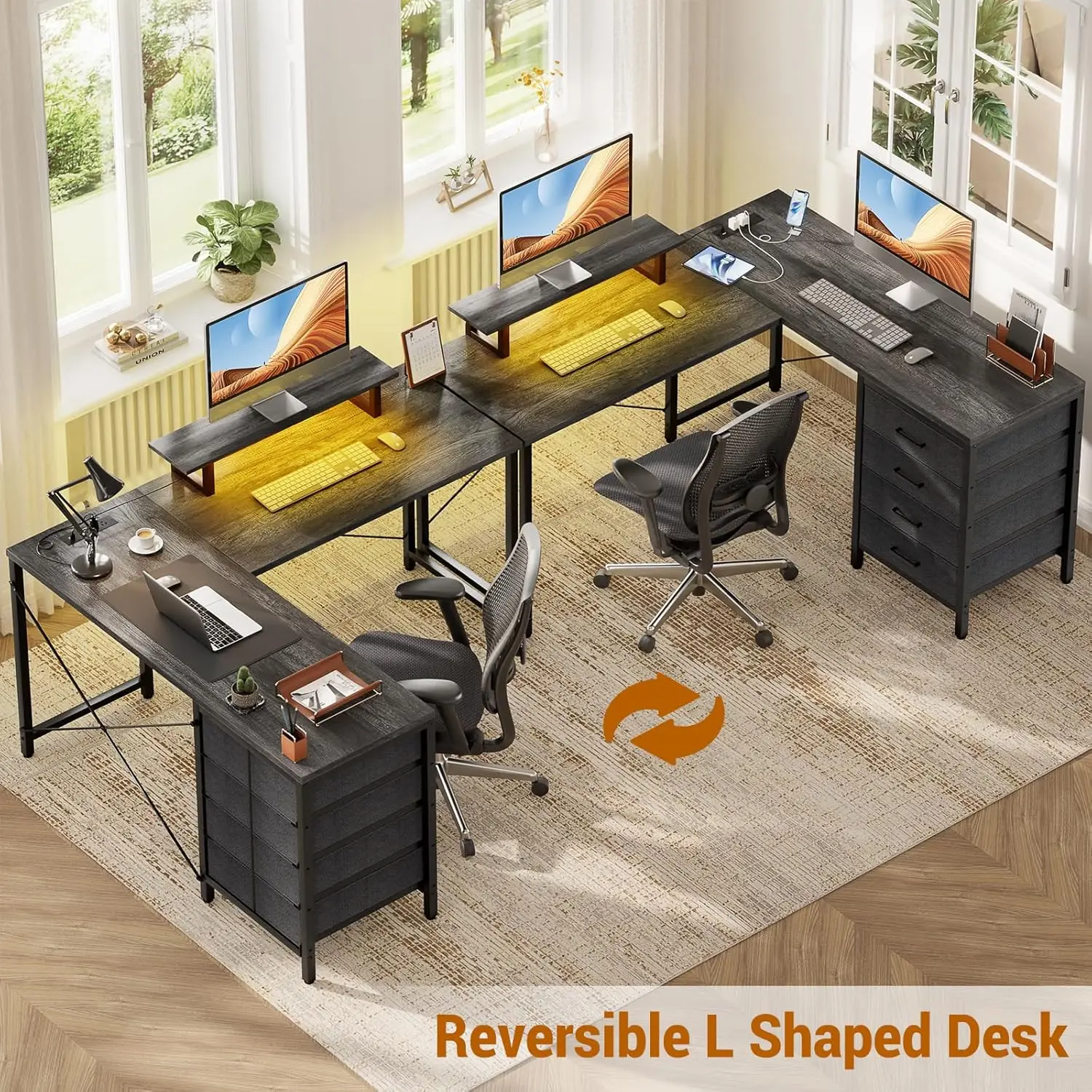 L Shaped Desk with Drawers & Power Outlets, Reversible Computer Desk with LED Light and Monitor Stand, Black Oak