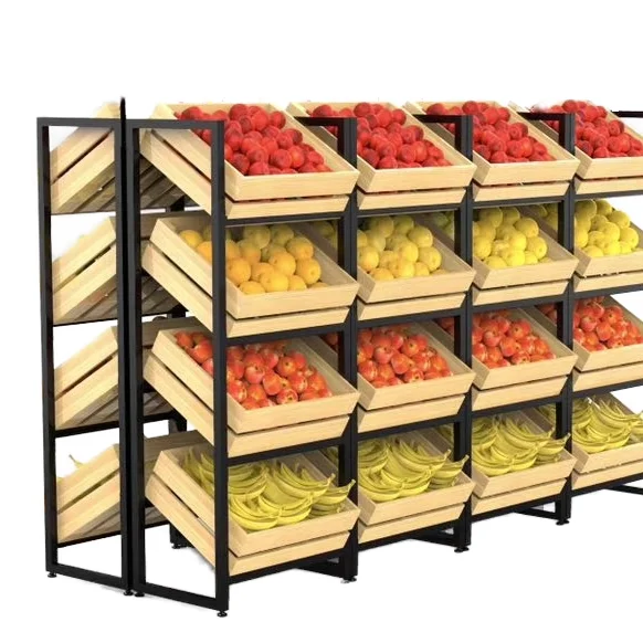 Multifunctional metal wooden wine fruit and vegetable display rack light plastic supermarket grocery store shelf