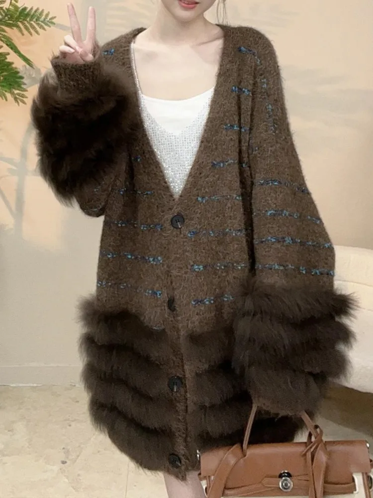 ZMEENNA Womens Elegant Faux Fur Trim Knit Cardigan Sweater With V Neck And Button Closure Casual Outerwear ZM3643