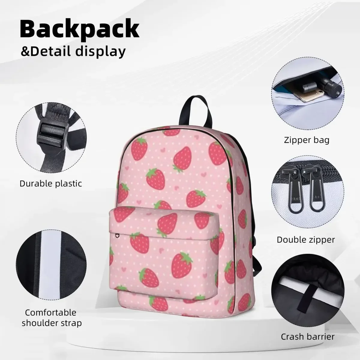 Mochilas de morango e corações para crianças, mochila escolar impermeável, mochila de viagem portátil para meninos e meninas, bolsa fofa para mulher