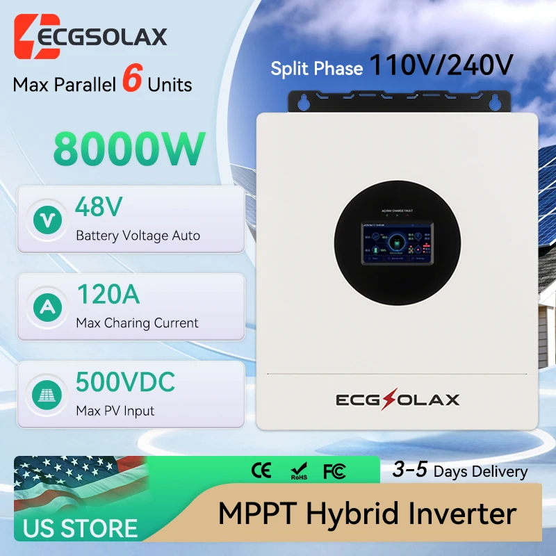 ECGSOLAX 8000W Split-Phase Hybrid Solar Inverter 48V 110Vac/240Vac 120A MPPT Charge Controller 500VDC PV Input Support Up to 6 Units Parallel Home Backup US Warehouse 3-5 Days Fast Ship
