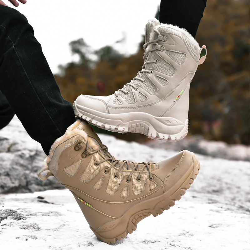 Botas de nieve de piel de felpa cálidas para hombre, botas de cuero impermeables, botas de trabajo antideslizantes para exteriores, botas de combate