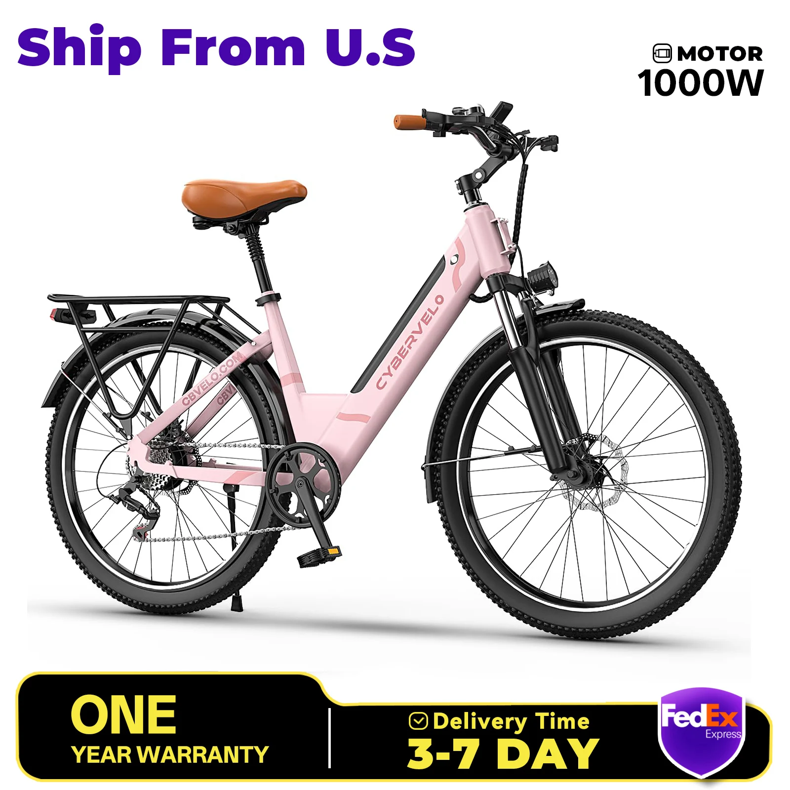 

Cybervelo EK2 1000W Peak Electric Bike for Adults, 26" Step-through lady bike, built-in battery 7-Speed shift city commute EBike