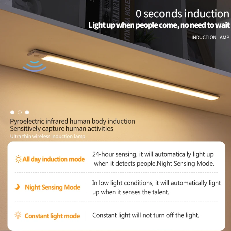 O sensor de movimento recarregável de USB da luz do armário conduziu três cores em uma lâmpada para a iluminação interna 10/20/30/40/60cm do armário