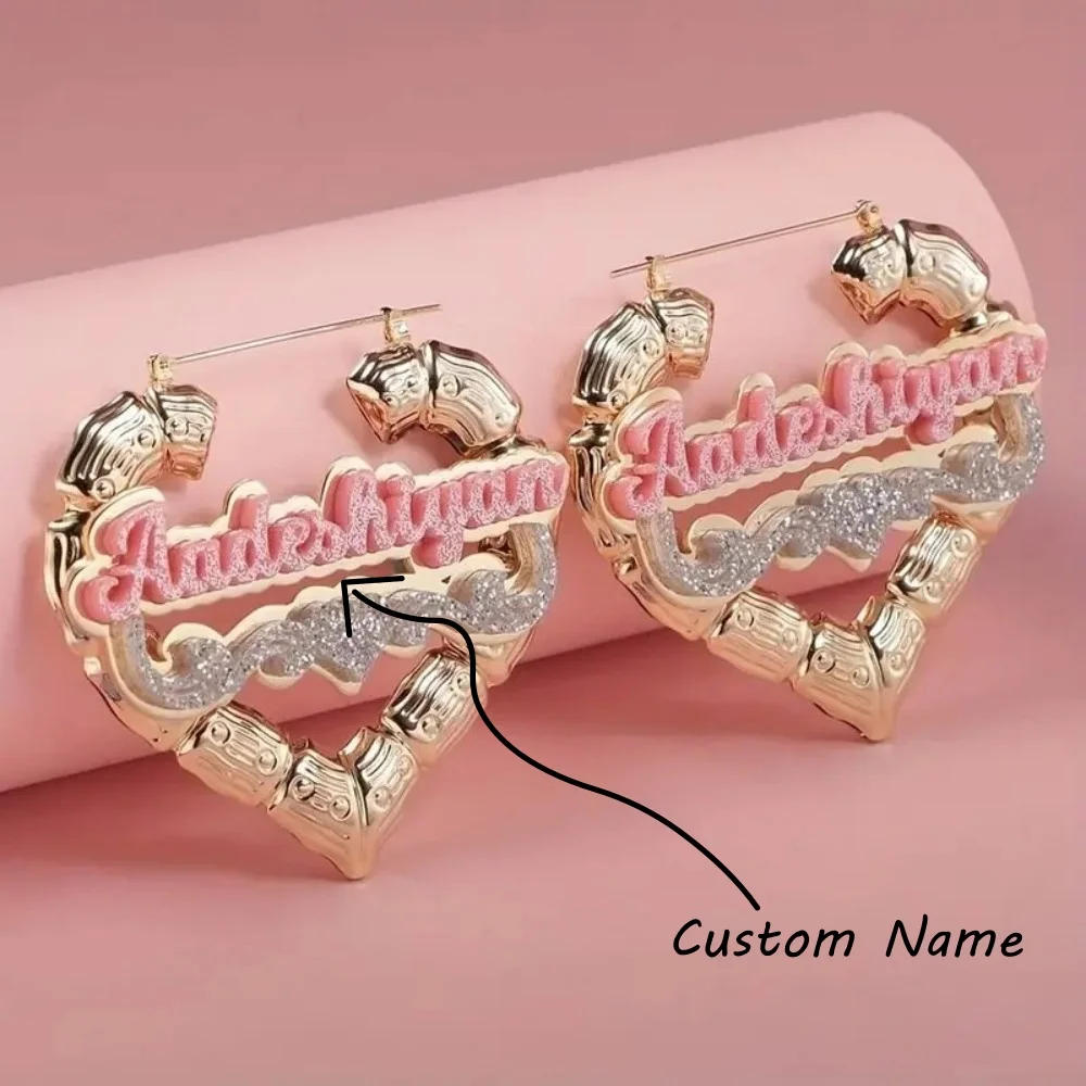 

Серьги с именем по индивидуальному заказу в форме сердца, персонализированные бамбуковые серьги-кольца из нержавеющей стали, изысканные подарки для женщин, друзей