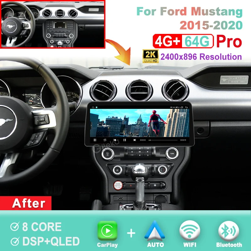 12.3 inch 2K Screen Carplay Android For Ford Mustang 2015-2020 Car Radio Stereo Multimedia Player GPS WiFi Head Unit