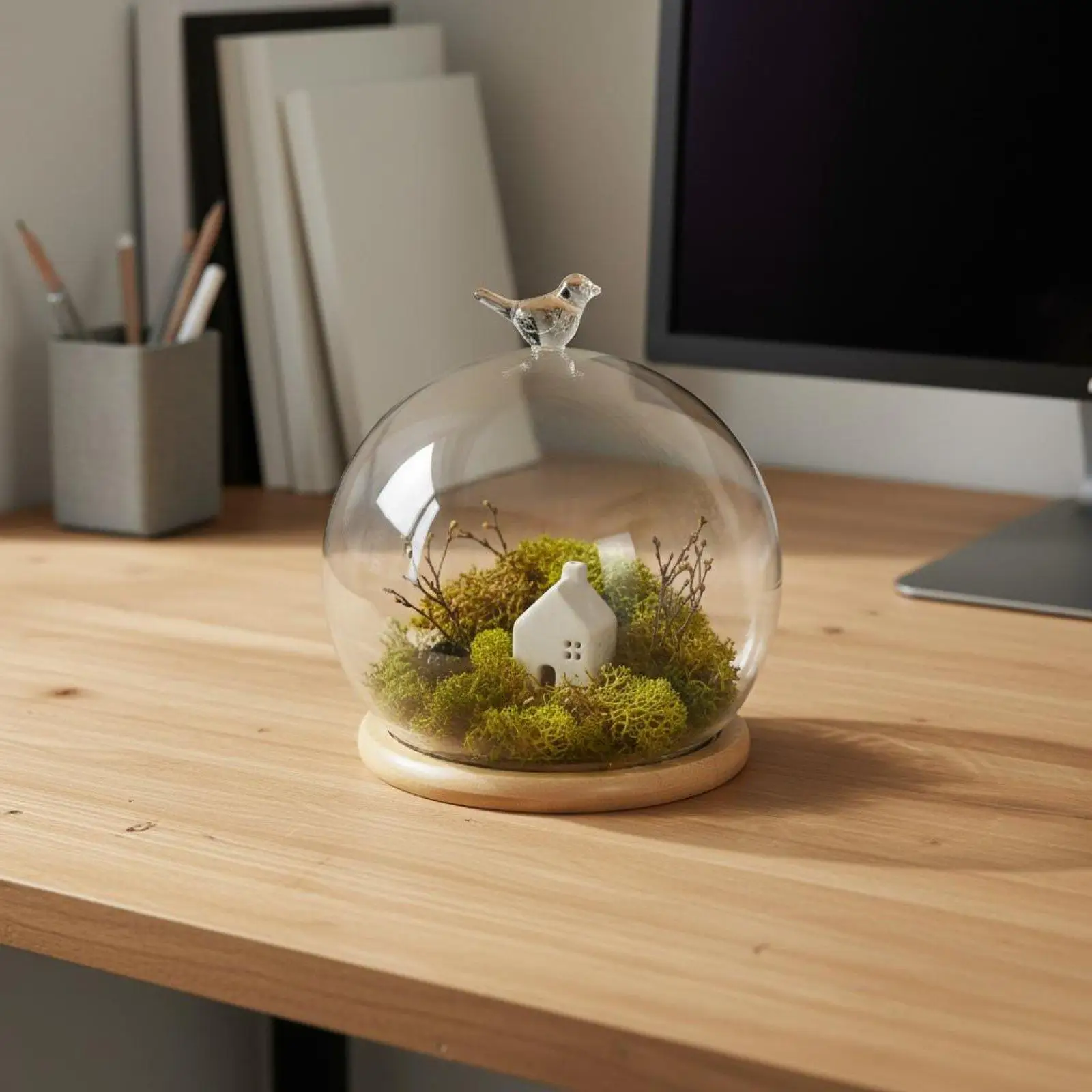 Spherical Glass Cover for Tabletop Ornament with Wooden Stand for Elegant Decoration and Terrarium Accessories