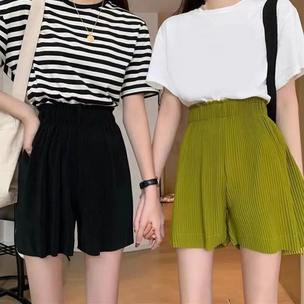 Short à jambes ornées pour femmes, élégant, côtelé, taille haute, décontracté, coupe ample, été, jambes larges