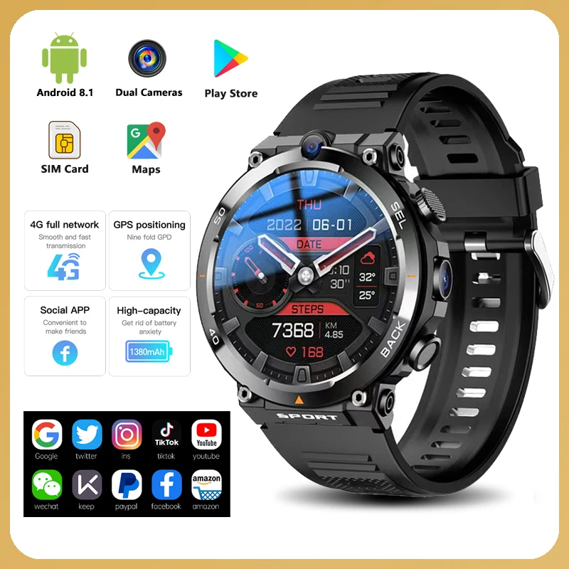 Google Play-reloj inteligente para hombre y mujer, dispositivo con tarjeta SIM de red 4G de 1,39 pulgadas, cámara Dual, GPS, WIFI, NFC, resistente, 64G de rom, IP67, Android