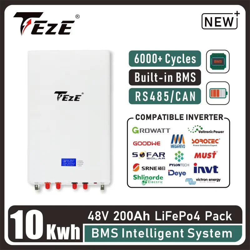 

TEZE 10Kwh 48V 200AH LifePo4 Battery PowerWall Built-in BMS CAN RS485 Solar Home Energy Storage System 51.2V Rechargeble Cell