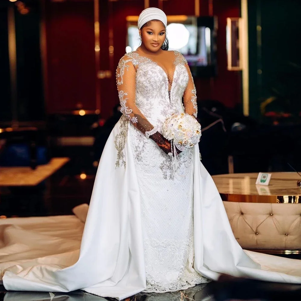 Customized  Plus Size Shinny Beads Crystals Wedding Dress Vestido De Casament Full Sleeve  Bridal Gowns with Removable Skirt