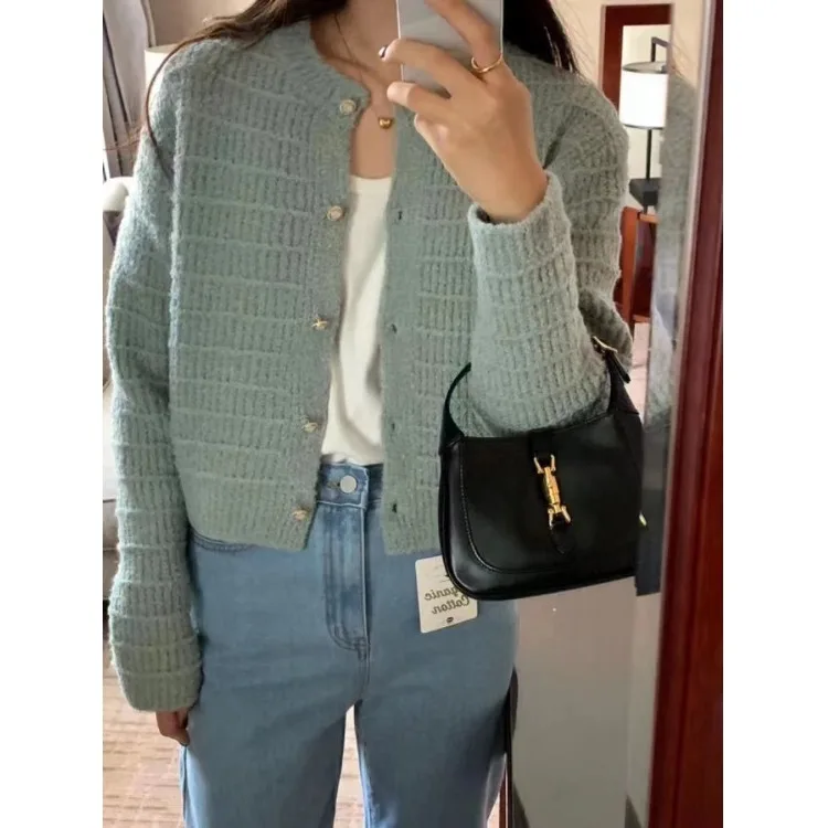 シックな早春のテクスチャードニット、またはラウンドネックのオープンカーディガン、レディーストップ、シングルボタン、ロングスリーブ、カラー、通勤、スレ