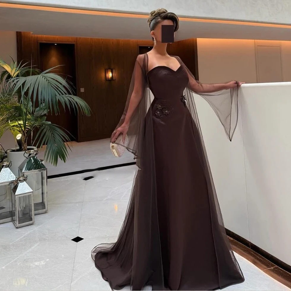 

2025 Dubai Arabic Evening Dresses Sweetheart Backless Long Formal Gowns with Wrap 3D Flowers Brown Prom Dresses