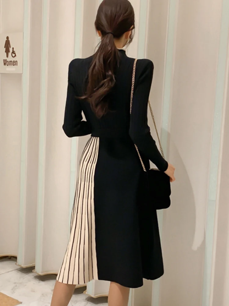 Autumn Winter Elegant Women Midi Dress Lady Vintage Casual Chic Knitted Black Stretchy Belt Pleated Street Robe Femme Vestidos