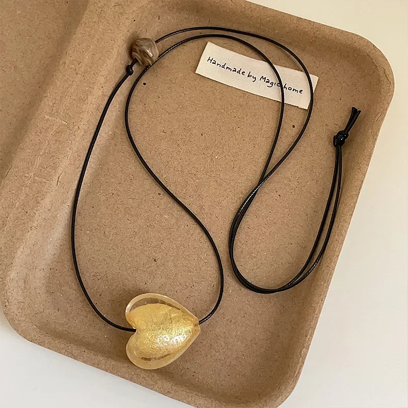 Minar Yeni Moda Temizle Sarı Renkli Sır Kalp Kolye Kolye Kadınlar için Siyah PU Deri Halat Zincir Ayarlanabilir Gerdanlık