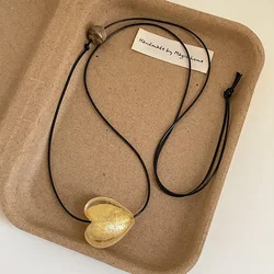 Minar New Fashion Clear Yellow Coloured Glaze Heart Pendant Necklaces for Women Black PU Leather Rope Chain Adjustable Choker