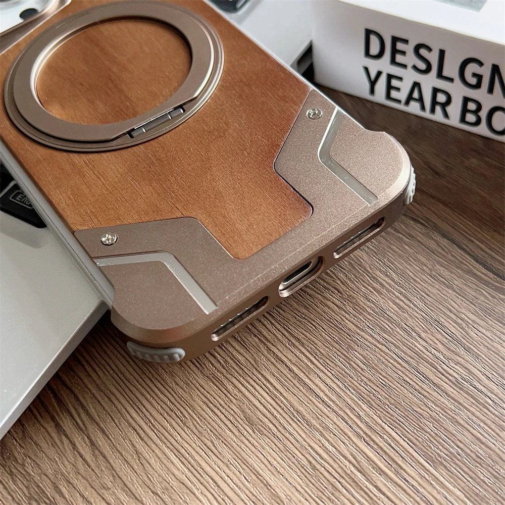 Frameless Armor Fold Ring Stand Holder Wooden Case for iPhone 16 15 13 14 Pro Max Military Invisible Bracket Shockproof Cover