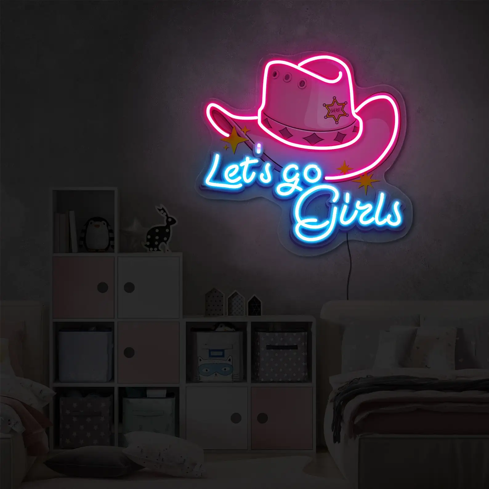 

Cow Girl Hat Neon Sign Let's Go Bar Beer Wall Hanging Wedding Birthday Gift for Girl Bedroom Neon Western Cowgirl Hat Game Room