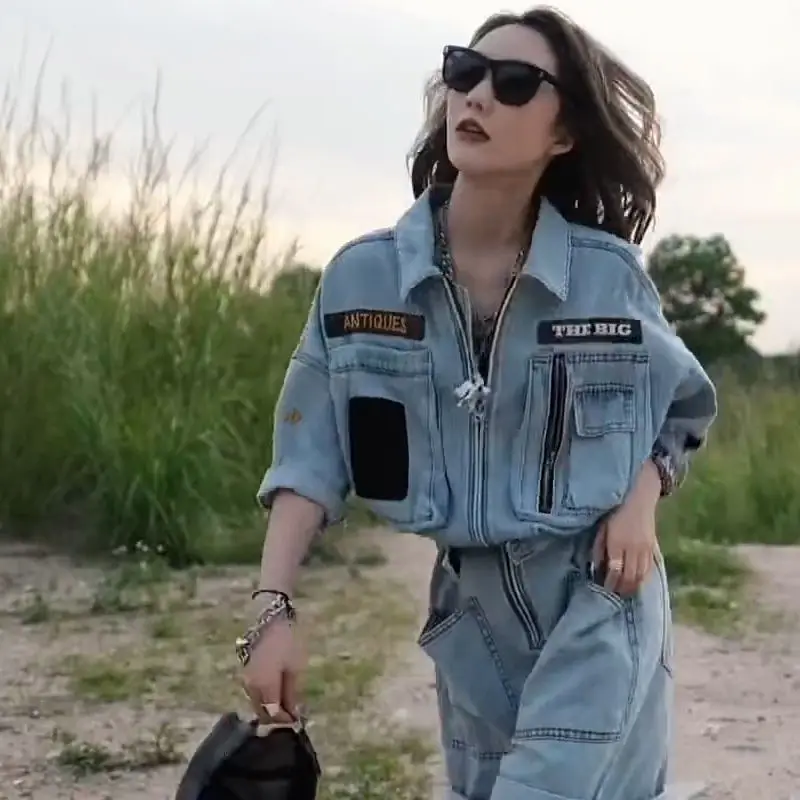 Reiß verschlüsse Denim Overall Motorrad coole amerikanische Retro Frauen Buchstaben Jeans schicke Hottie Spiel anzüge breite Beine Shorts Stram pler