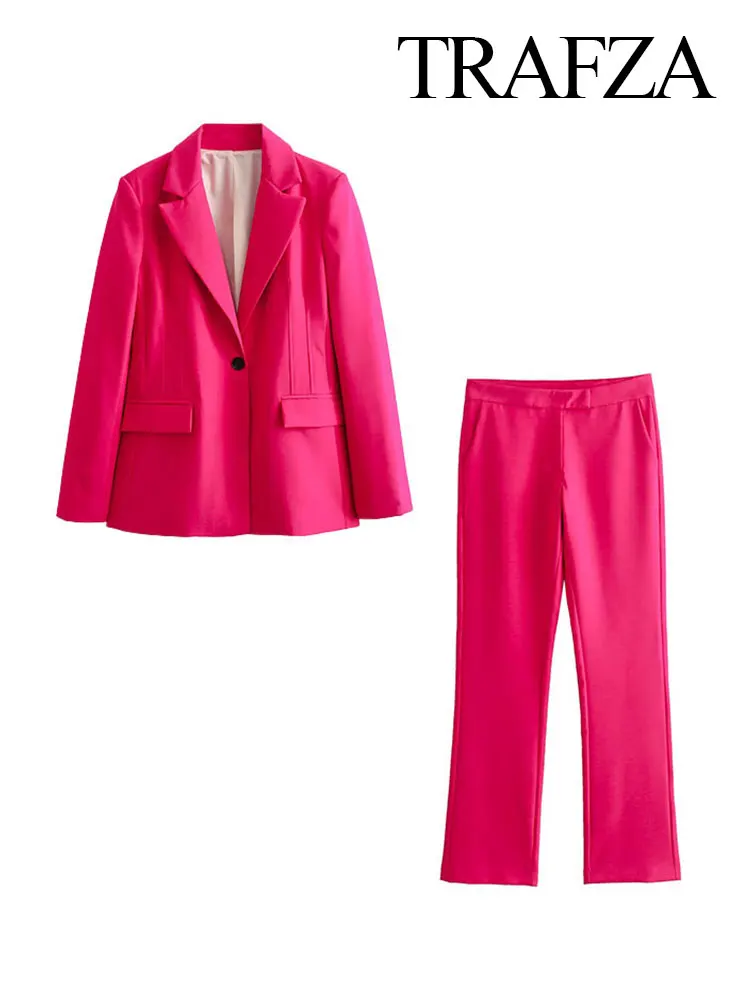 TRAFZA Fashion Elegant Pants Set For Women 2024 Spring Quilted Long Sleeves Blazer Coats+High Waist Straight Pants Rose Red Suit