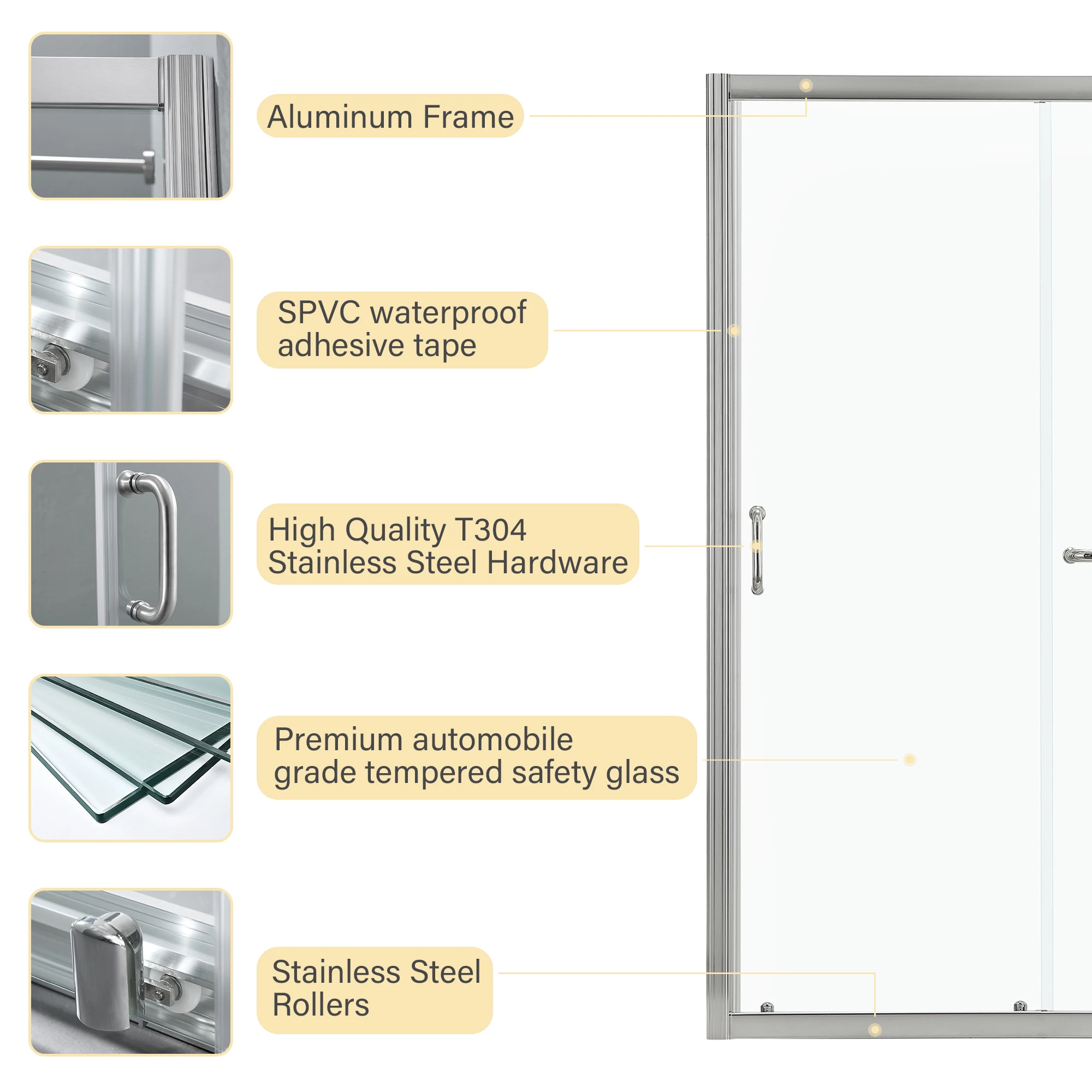حاوية باب دش منزلقة من النيكل المصقول، تصميم بسيط على شكل واحد مع باب دش زجاجي مقسى #2
