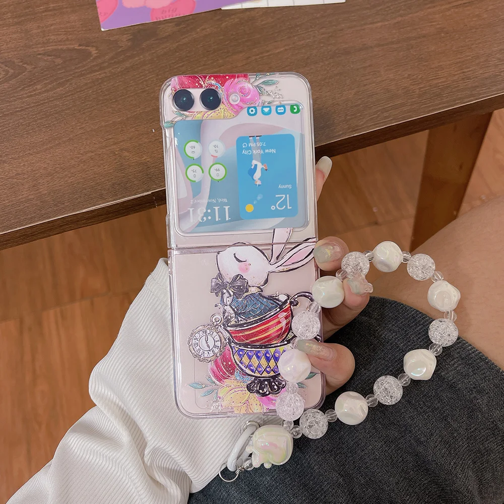 For Samsung Z Flip 5 4 3 ZFlip5 Case Blue Flowers Bracelet Transparent Folding Shockproof Protective Plastics Hard Back Cover