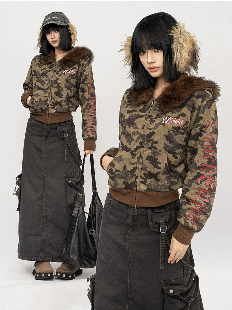 OCTTFLAB 아메리칸 레트로 카무플라주 숏 재킷 여성용 따뜻한 양면 플로킹 유틸리티 코트 가을 겨울 여성용 탑