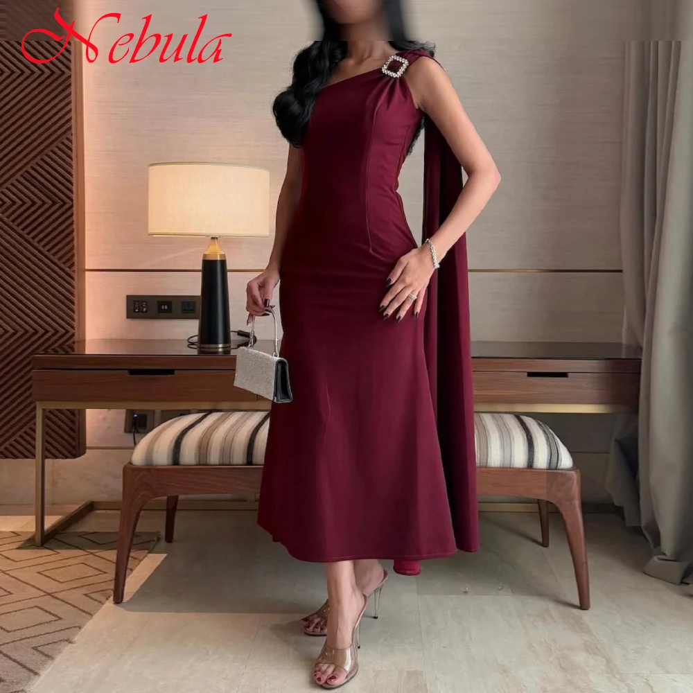 Customized Delicate Burgundy Jersey Evening Dress High Quality Boat Neck One Shoulder Sleeveless Zipper Back Cocktail Dress