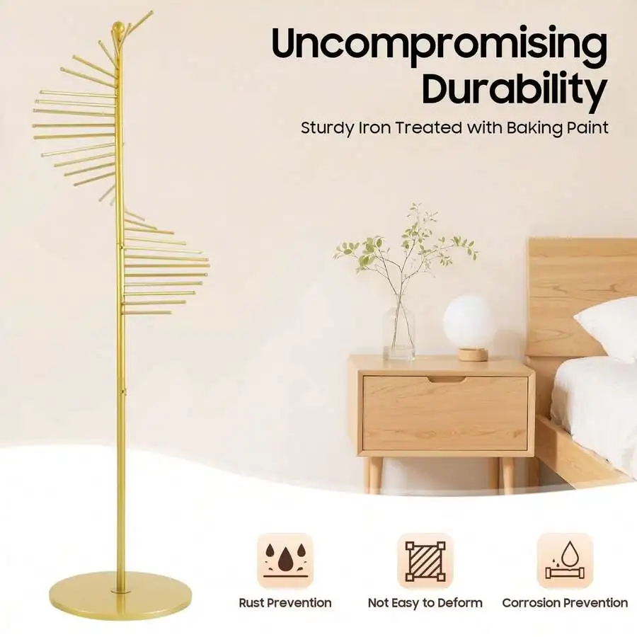 Expositor de bufandas metálico en espiral dorado de 67 pulgadas con 30 barras para colgar, organizador independiente para hiyabs, cinturones y pantalones, ideal para tiendas de ropa y armarios.