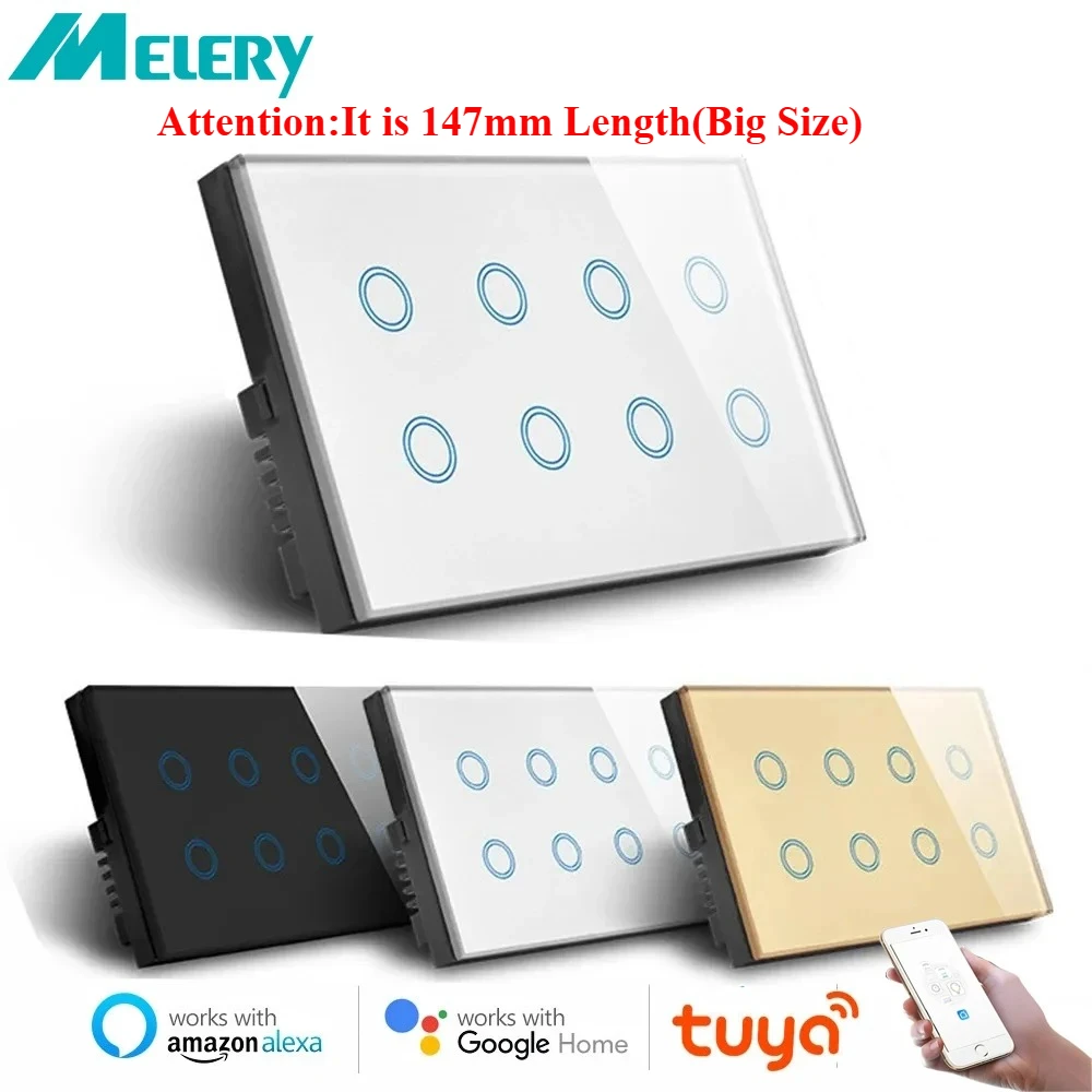 

Melery Tuya Wi-Fi умный настенный выключатель с 8 группой сенсорной стеклянной панели 147*86 мм голосовой пульт дистанционного управления от Google Home, совместимый с Alexa