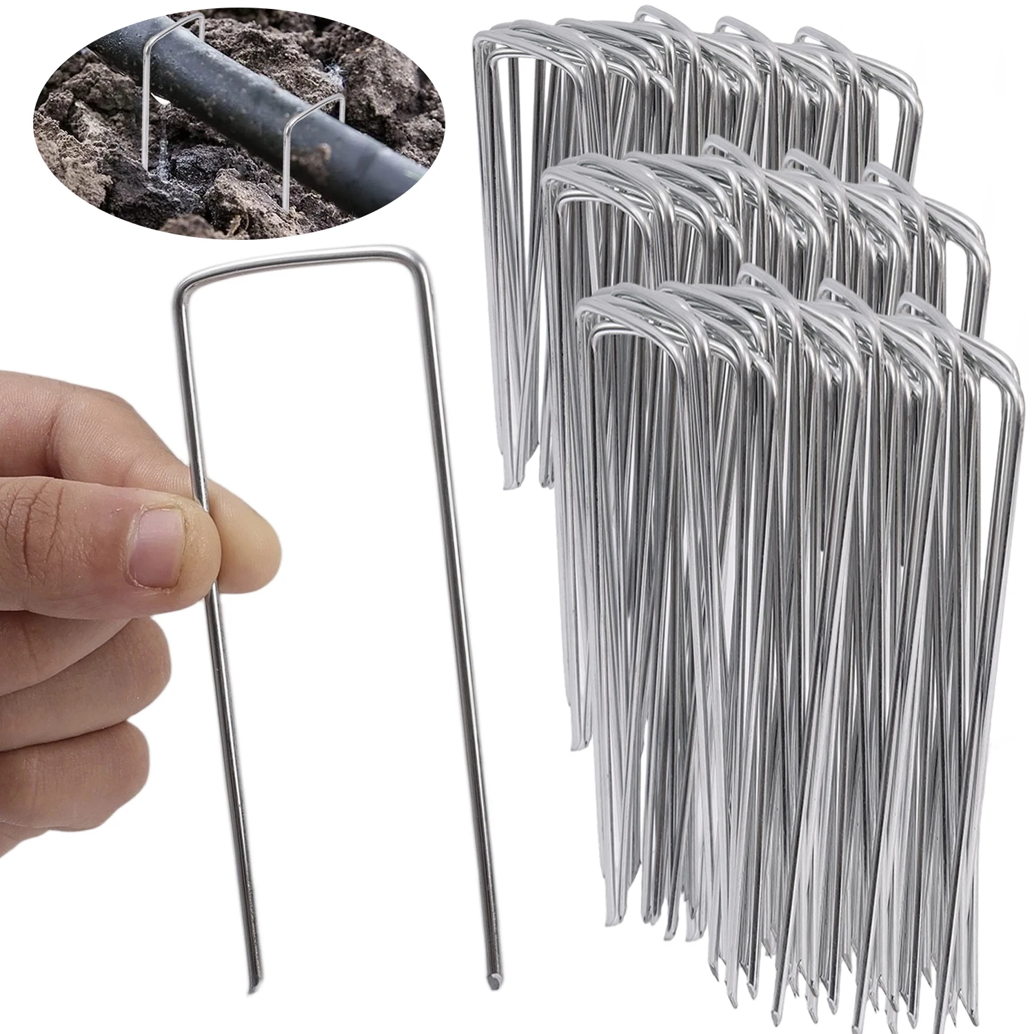 10-100pcs Galvanized Steel U-shaped Garden Stakes Landscape Spikes Fence Tubing Staples for Holding Lawns Barrier Ground Nails
