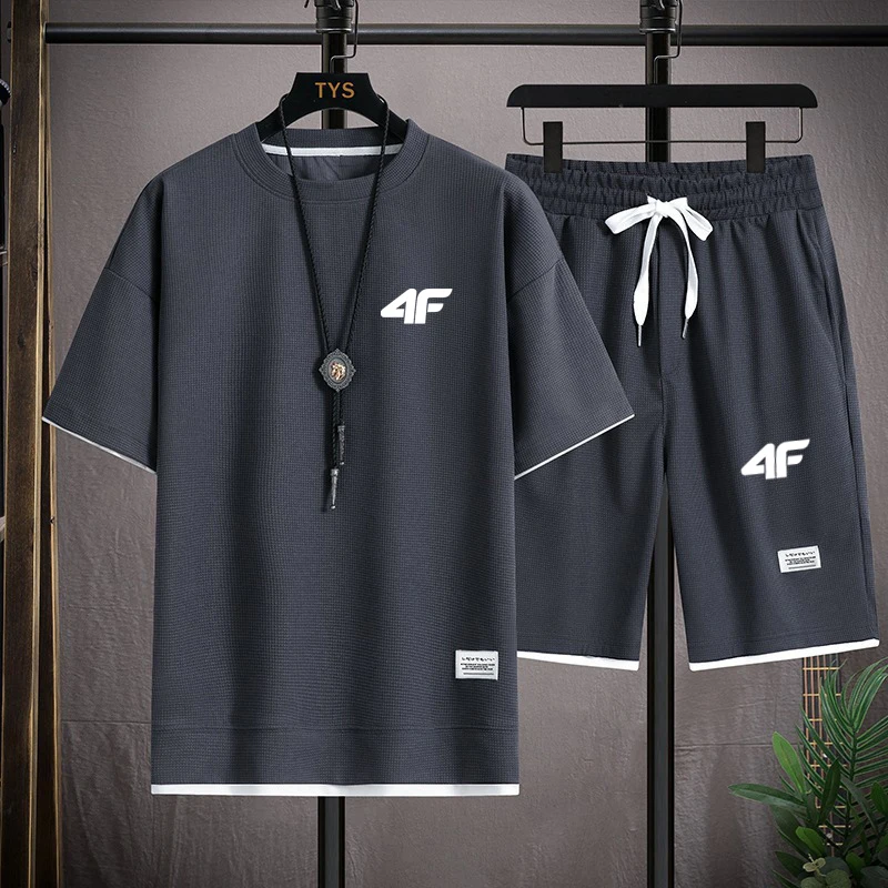 

2026 Summer New Men's Casual Fashion Outdoor Sports Fitness Jogging Quick-Drying Waffle T-Shirt Short Sleeve and Shorts Set