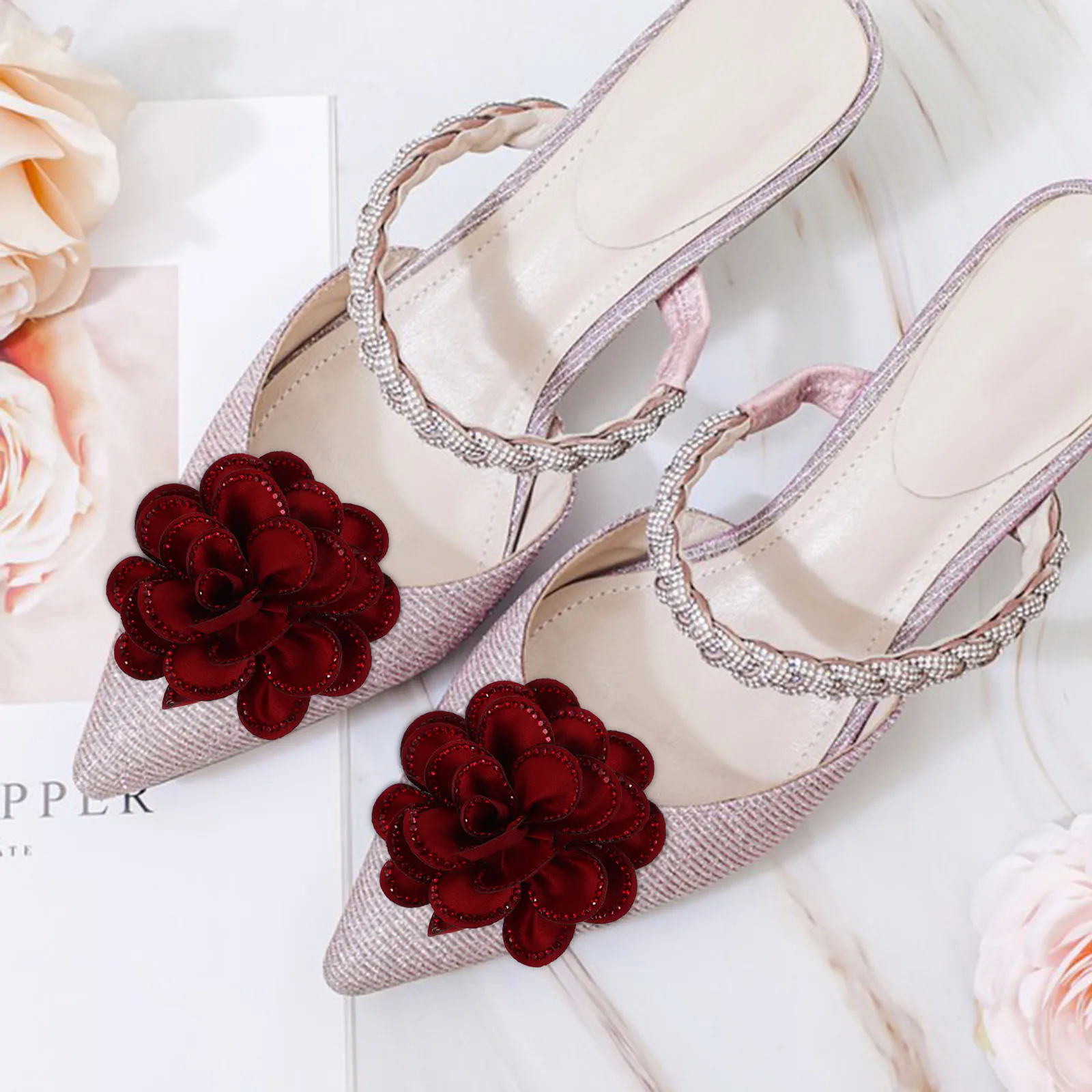 

3D Red Rose Rhinestone Shoe Flower Clips Detachable Women'S Shoe Accessories Wedding Bridal Embellishment Charms Metal Alloy